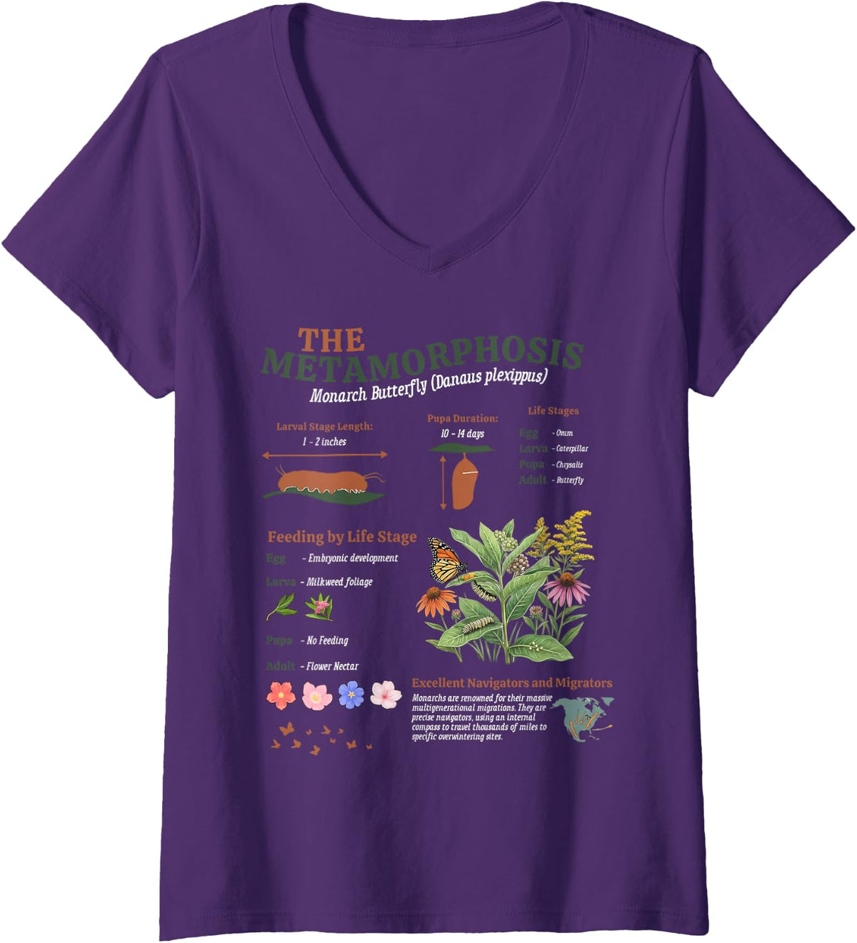 Women's Vintage Monarch Butterfly Metamorphosis Entomology Biology V-Neck T-Shirt - Purple