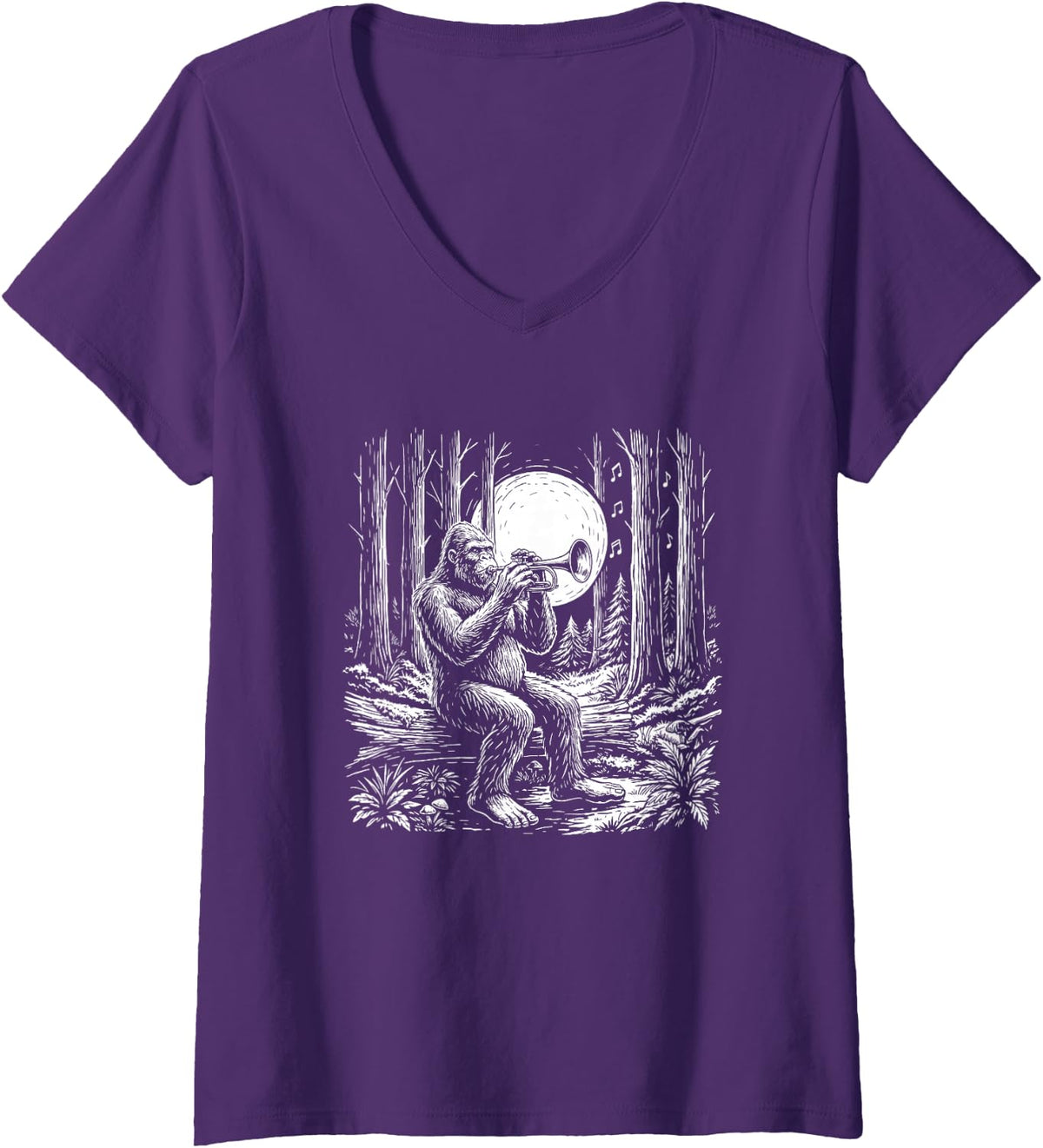 Women's Trumpet Player Sasquatch Big Band Horn Section Bigfoot Humor V-Neck T-Shirt - Purple