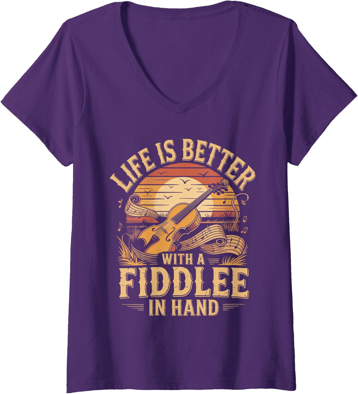 Women's Life is Better with A Fiddle in Hand Country Music V-Neck T-Shirt - Purple
