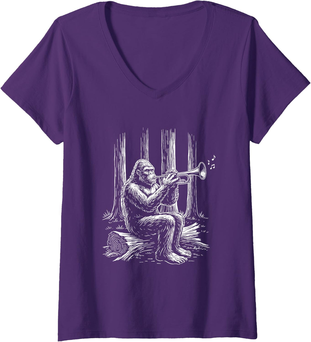 Women's Grooves Trumpet Bigfoot Sasquatch Trumpeter Marching Band V-Neck T-Shirt - Purple