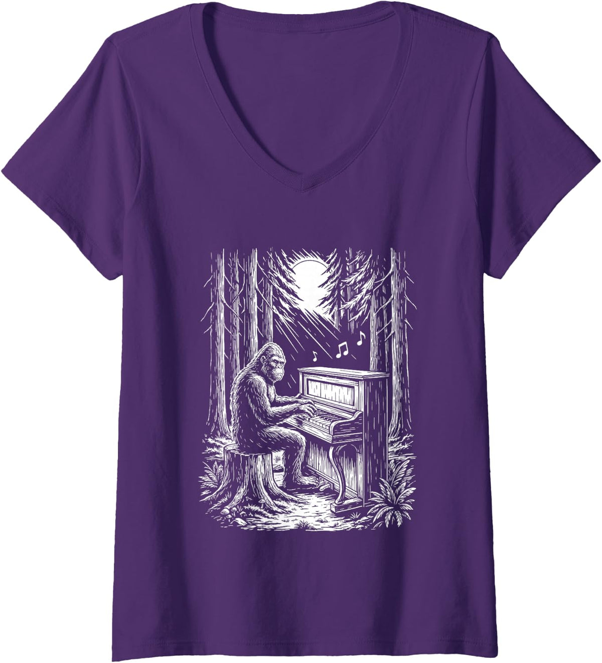 Women's Funny Bigfoot Piano Player Sasquatch Pianist Classical Music V-Neck T-Shirt - Purple