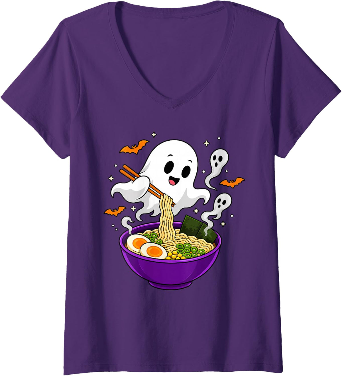 Women's Ghost Eating Ramen Halloween Kawaii Japanese Noodles V-Neck T-Shirt - Purple