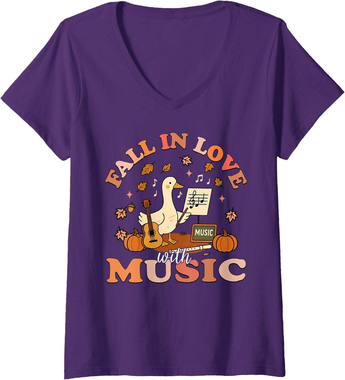 Women's Fall in Love with Music Teacher Silly Goose Autumn Pumpkin V-Neck T-Shirt - Purple