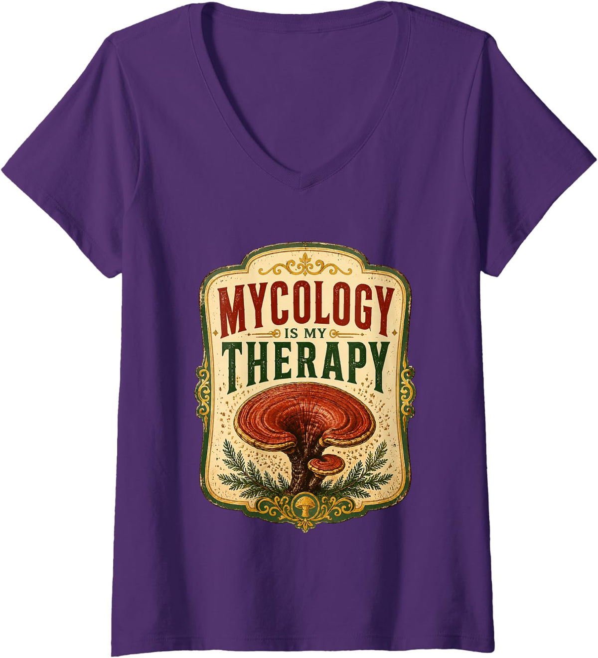 Women's Mycology is My Therapy Reishi Mushroom Forager V-Neck T-Shirt - Purple