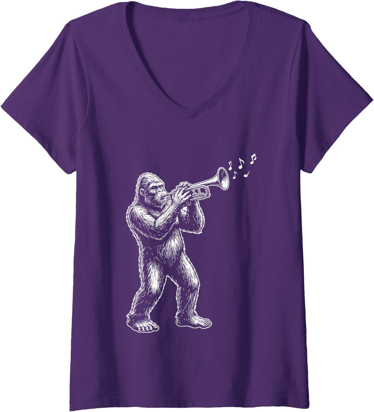 Women's Trumpet Player Bigfoot Sasquatch Big Band Mariachi V-Neck T-Shirt - Purple