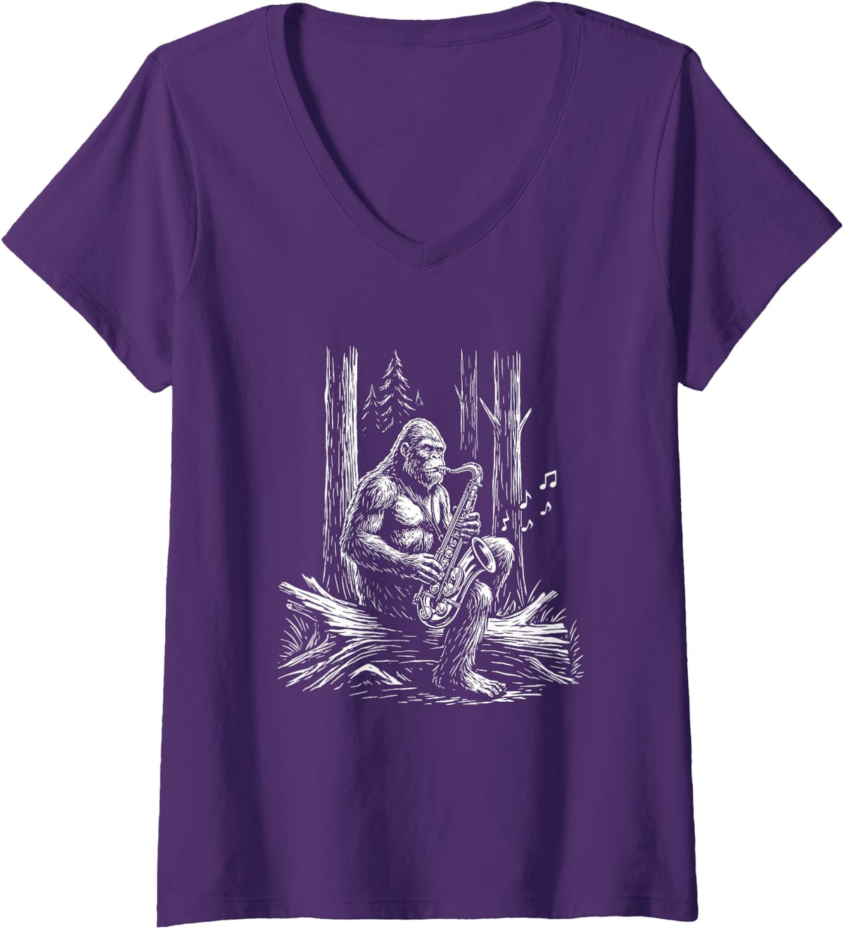 Women's Grooves Saxophone Player Bigfoot Funny Sasquatch Musician V-Neck T-Shirt - Purple
