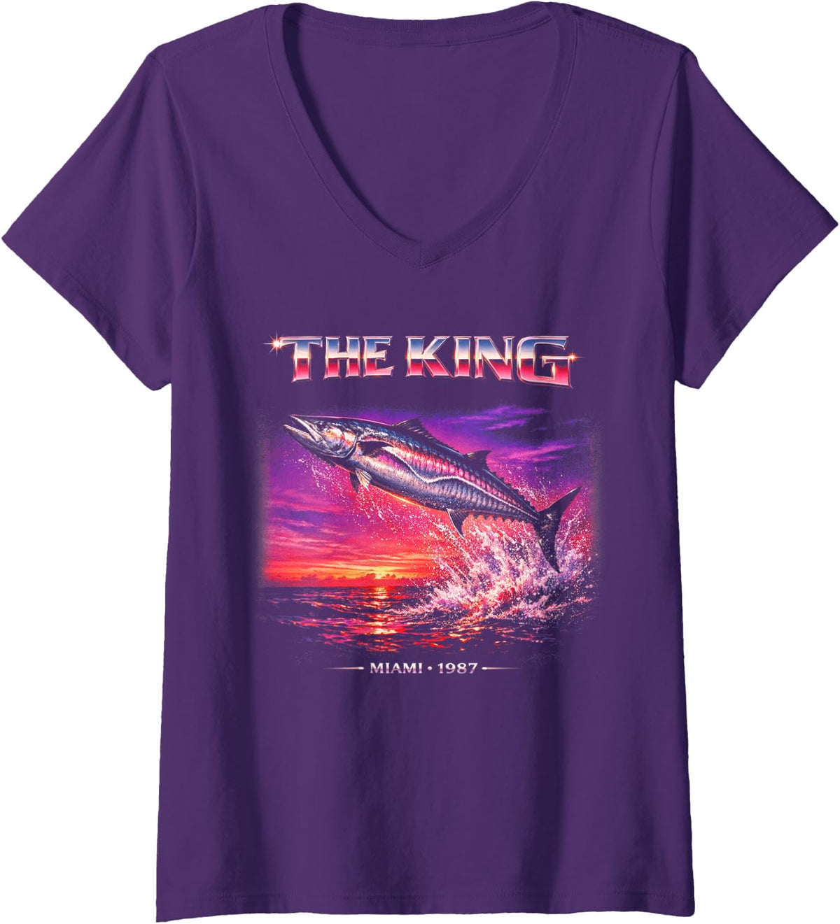 Women's Kingfish Retro 80s Miami FL Deepsea King Mackerel Fishing V-Neck T-Shirt - Purple