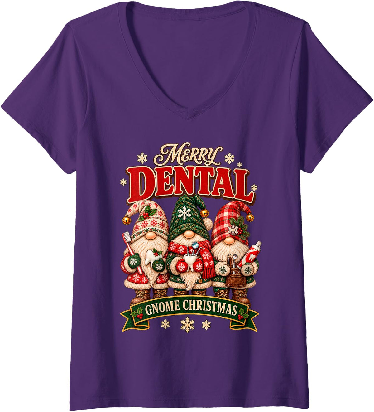Women's Vintage Christmas Dental Gnomes Dentist Art V-Neck T-Shirt - Purple