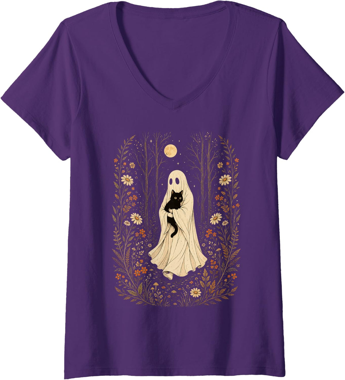 Women's Vintage Ghost Black Cat Wildflowers Autumn Fall Season Retro V-Neck T-Shirt - Purple