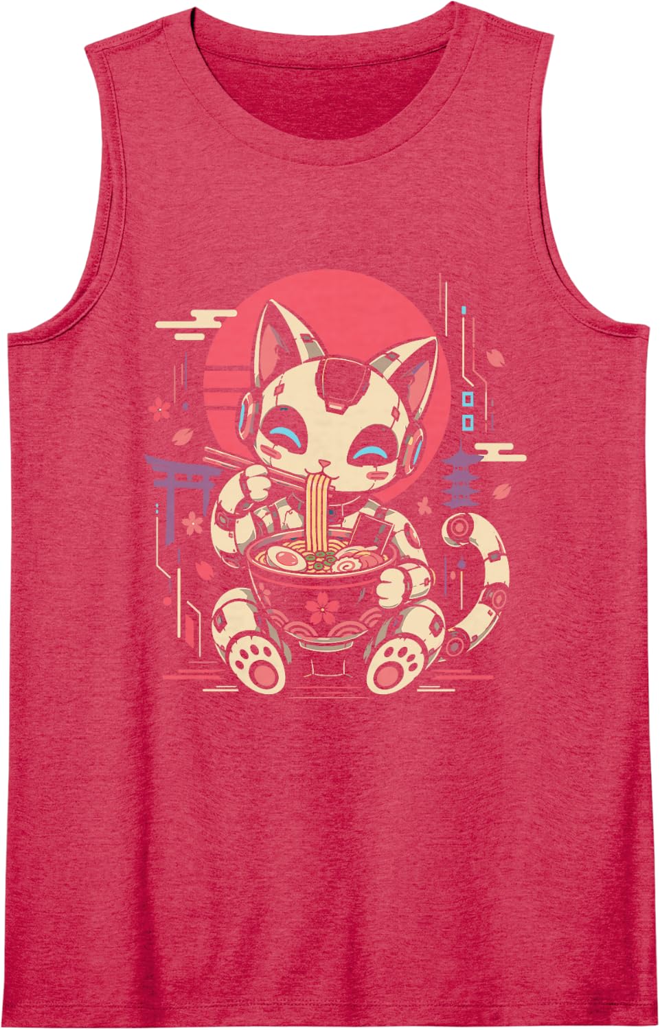 Robot Cat Eating Ramen Japanese Graphic Sleeveless Tank Top - Red
