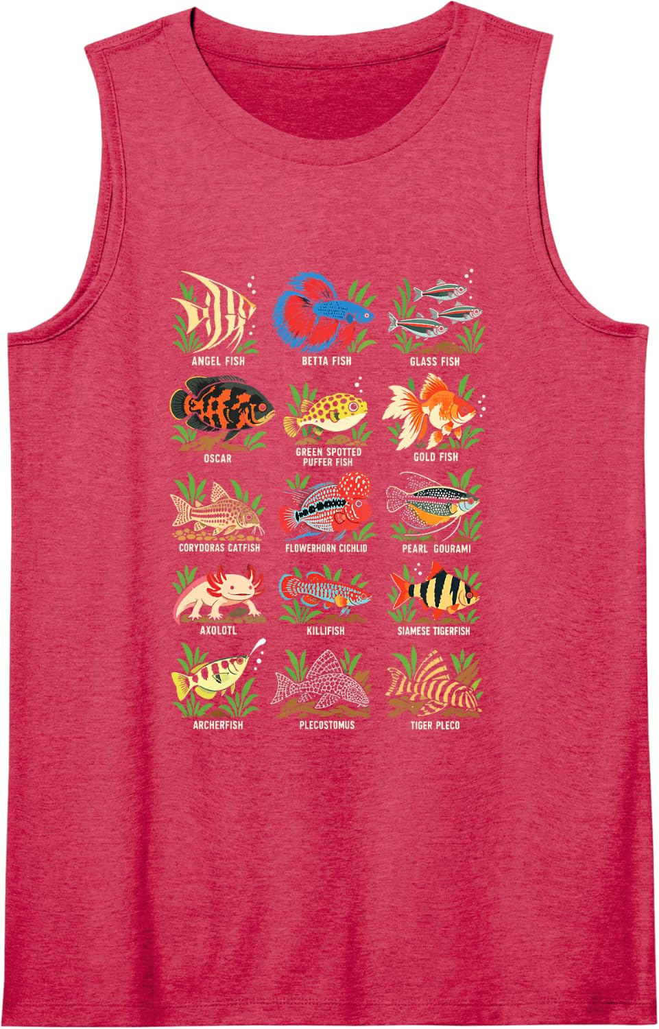 Aquarium Fish Species Art Betta Angelfish Axolotl Sleeveless Tank Top - Red