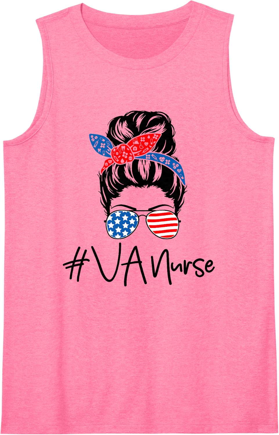 VA Nurse Messy Bun Women USA Flag Patriotic 4th of July 2024 Sleeveless Tank Top - Pink
