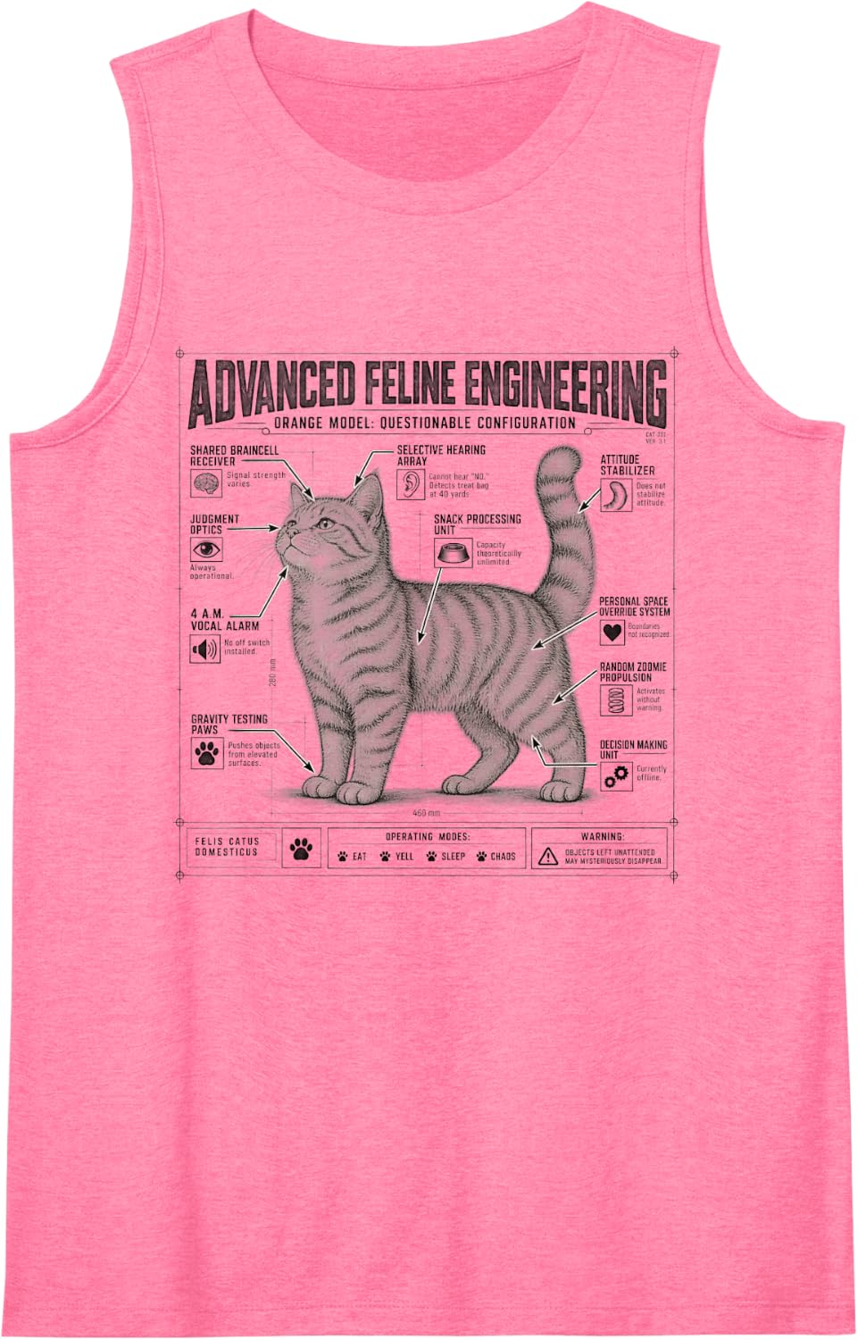 Funny Cat Feline Engineering Anatomy Blueprint Tee Sleeveless Tank Top - Pink