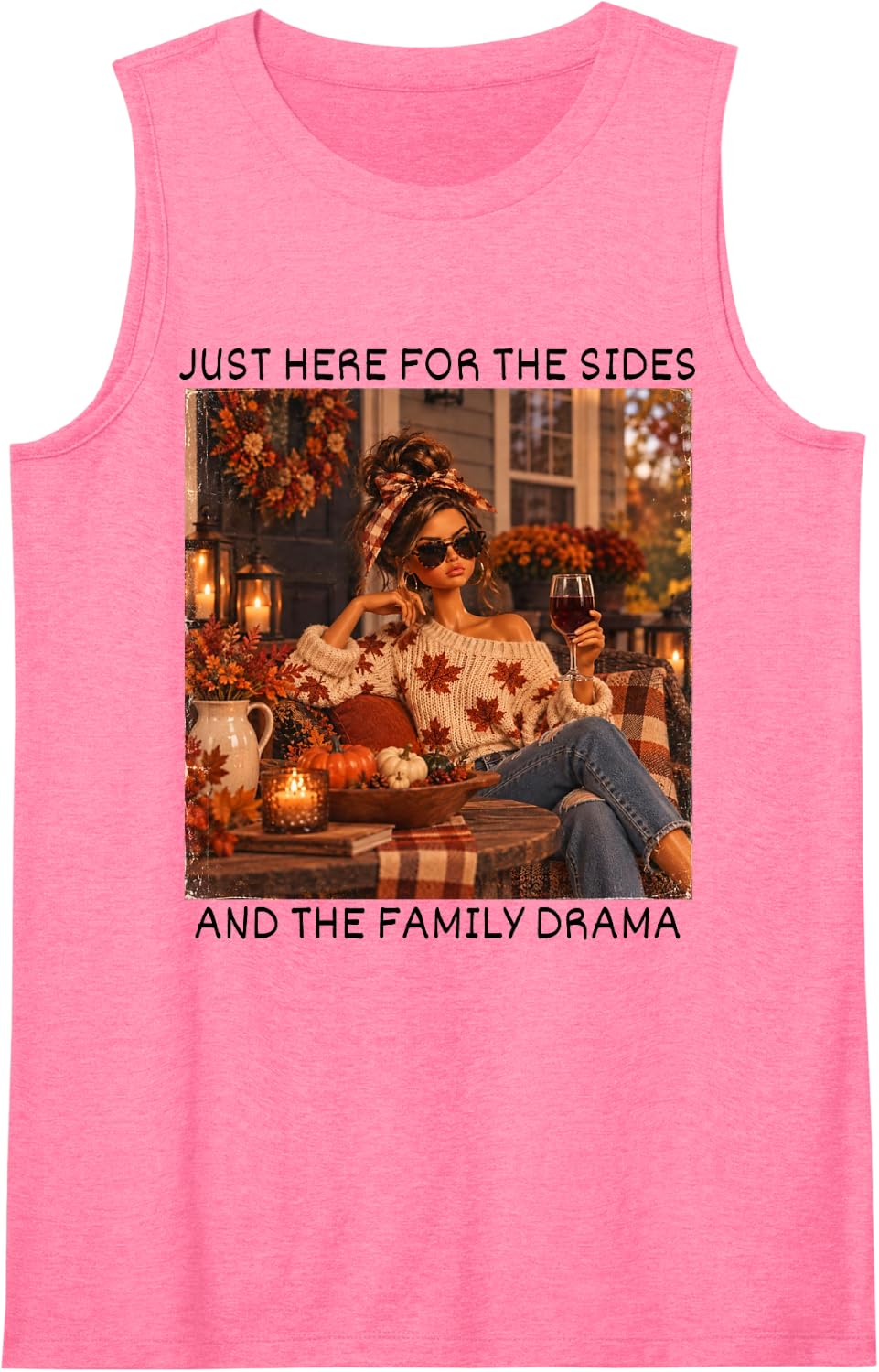 Just Here for The Sides and The Family Drama Thanksgiving Sleeveless Tank Top - Pink