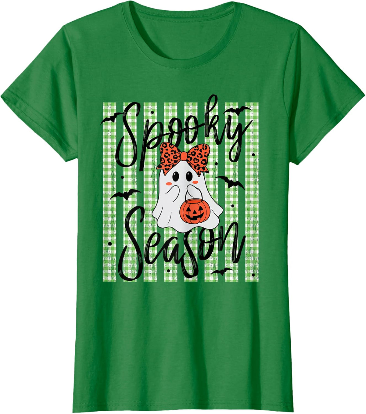 Cute Ghost Halloween Gingham Striped Spooky Season Kids Girl T-Shirt - Kelly Green