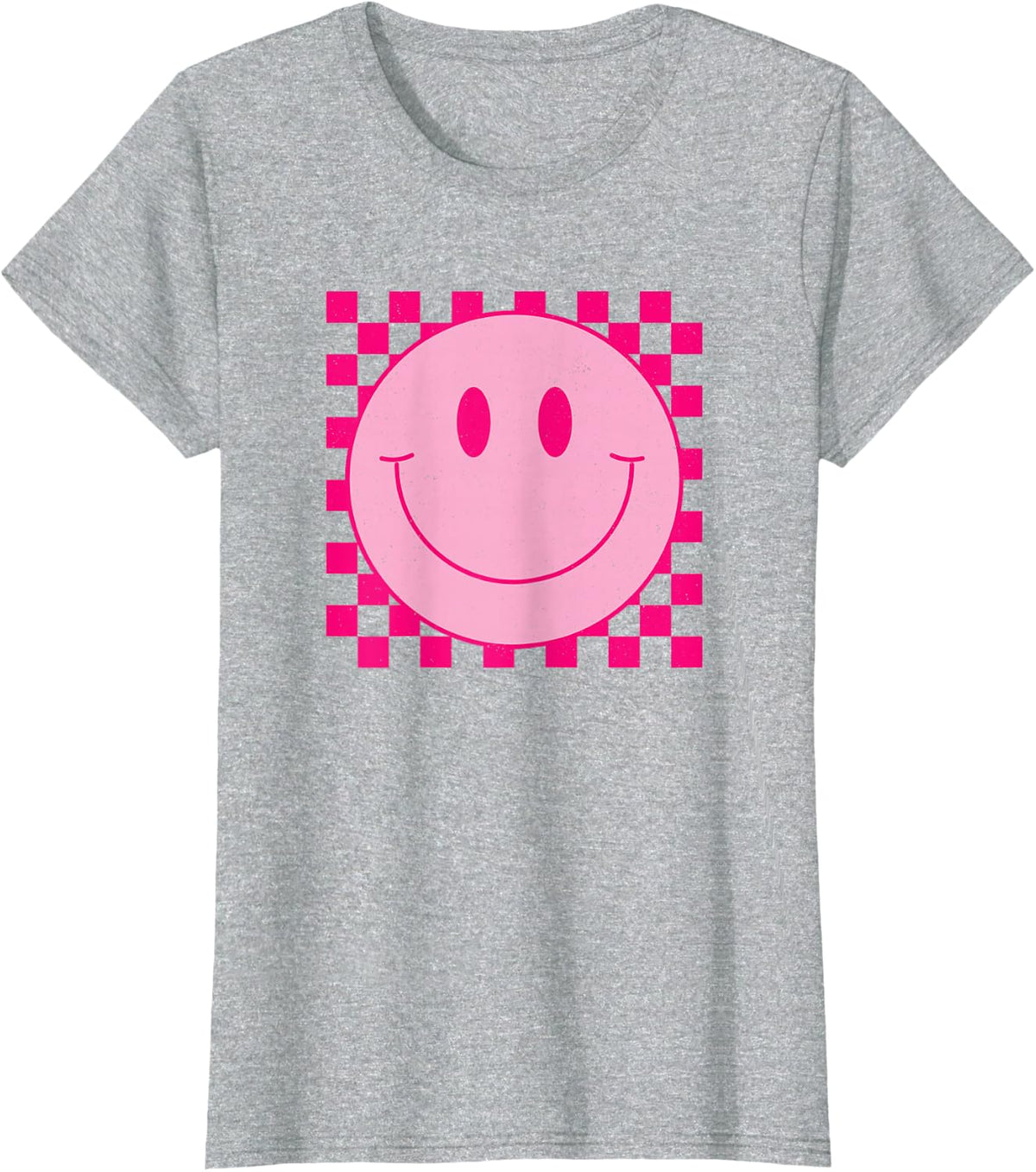 Vintage Pink Smile Face Cute Checkered Smiling Happy Face T-Shirt - Heather Grey