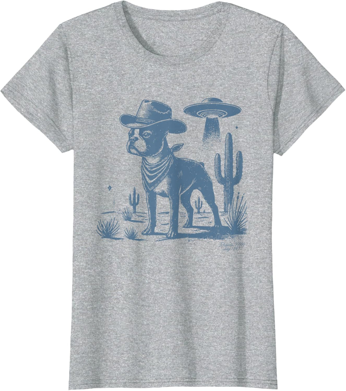 Boston Terrier UFO Cowboy Dog, Dog Mom, Dog Dad, Alien Dog T-Shirt - Heather Grey