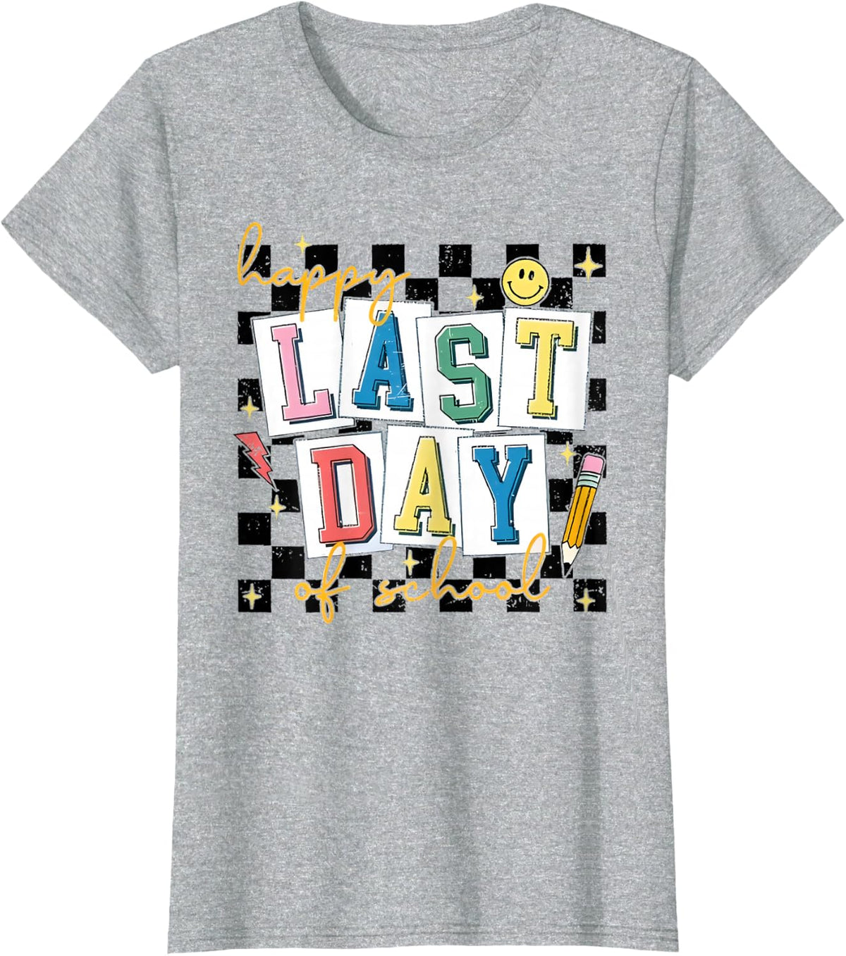 happy last day of school retro checkered pattern schools out T-Shirt - Heather Grey