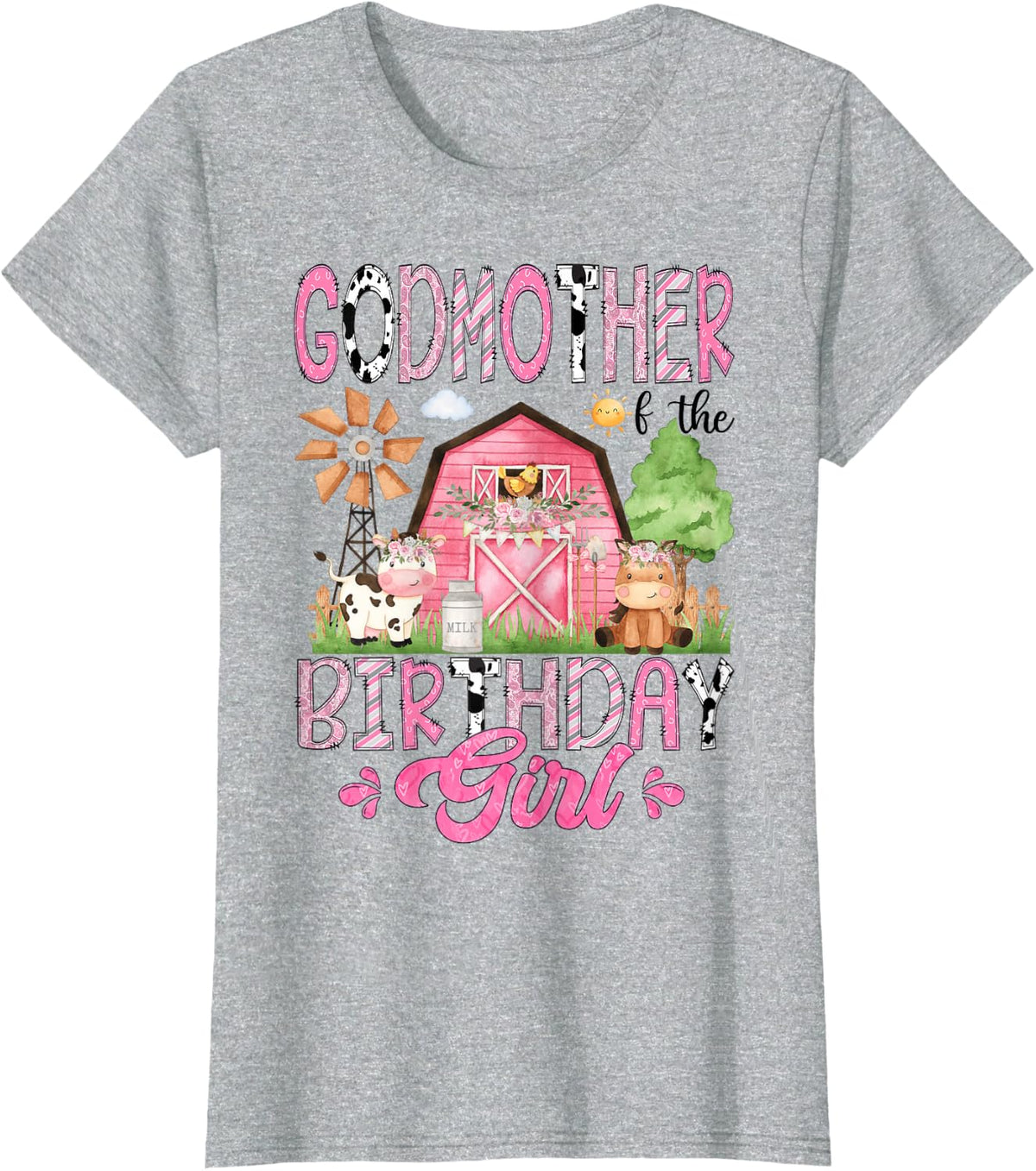 Godmother of The Birthday Girl Pink Farm Cow Animals Lover T-Shirt - Heather Grey