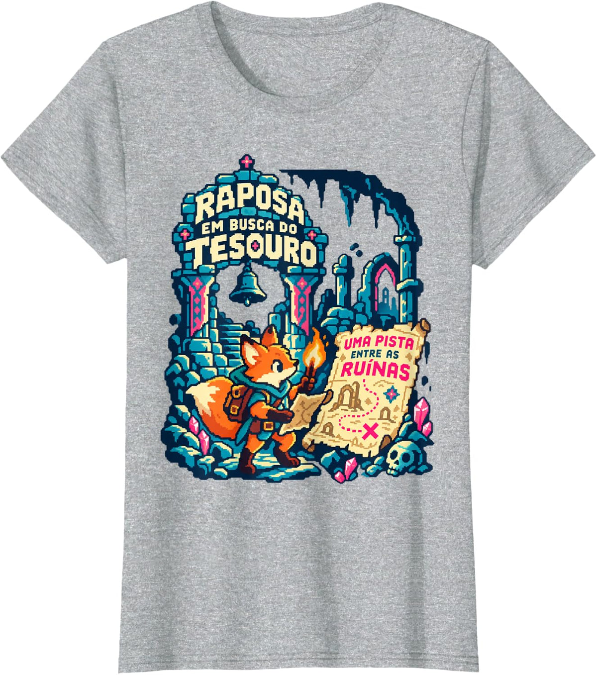 Portuguese Saying Pixel Art Fox Explorer T-Shirt - Heather Grey
