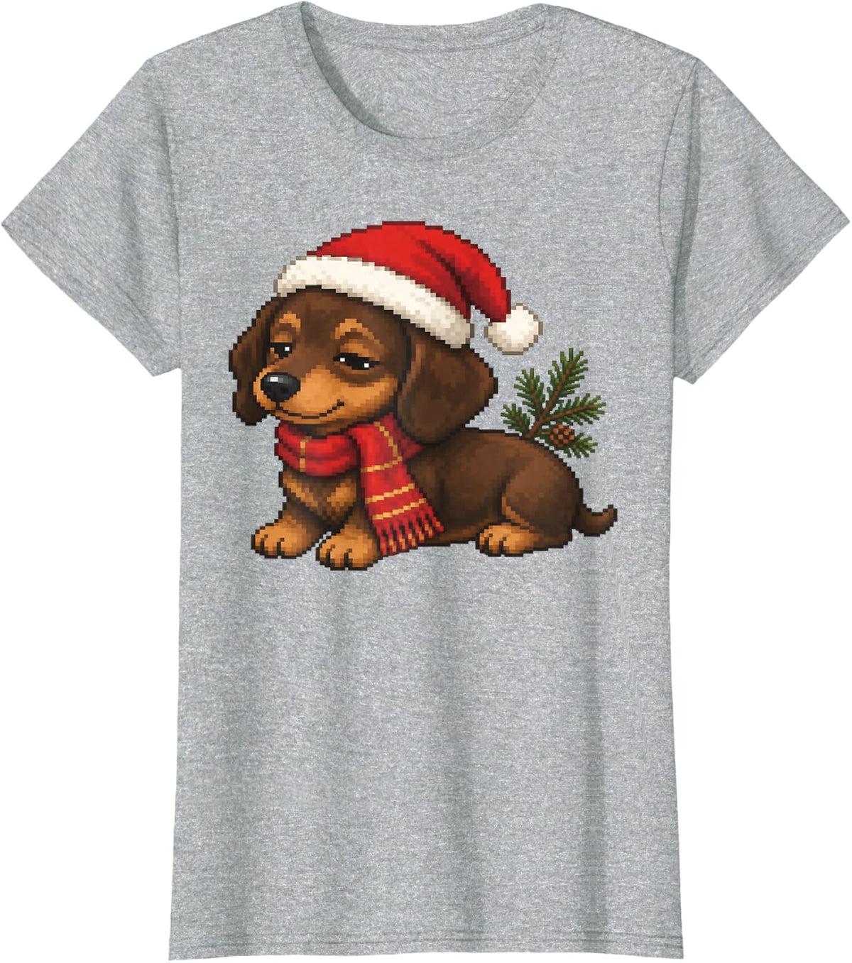 Dachshund Santa Hat Christmas Pixel Art T-Shirt - Heather Grey