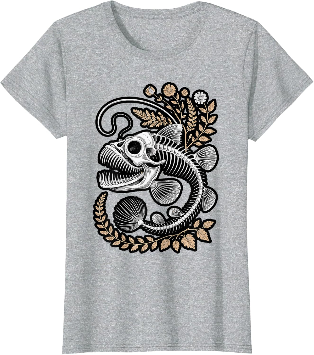 Spooky Deep Ocean Anglerfish Skeleton Line Art T-Shirt - Heather Grey