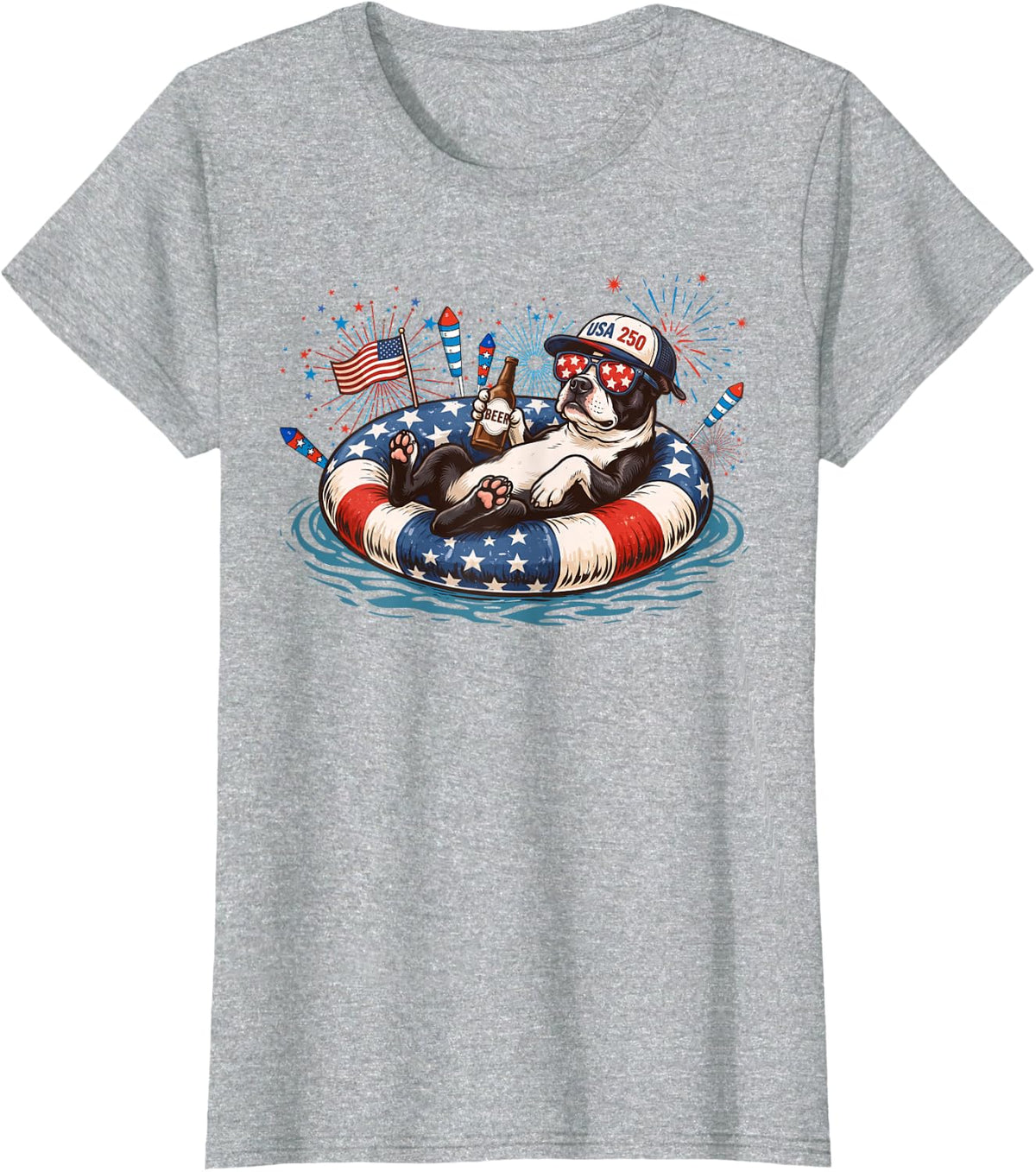 Patriotic Boston Terrier Beer Floatie USA Flag 4th of July T-Shirt - Heather Grey
