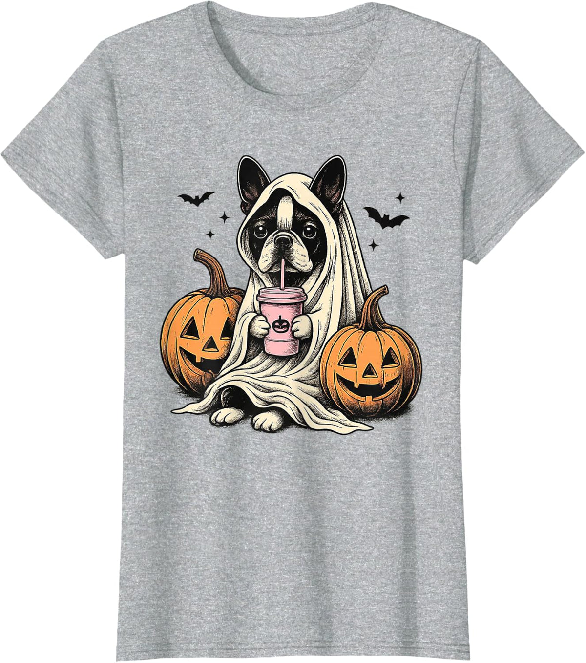 Halloween Boston Terrier Ghost T-Shirt Tee for Dog Lovers Men Women Kids - Heather Grey