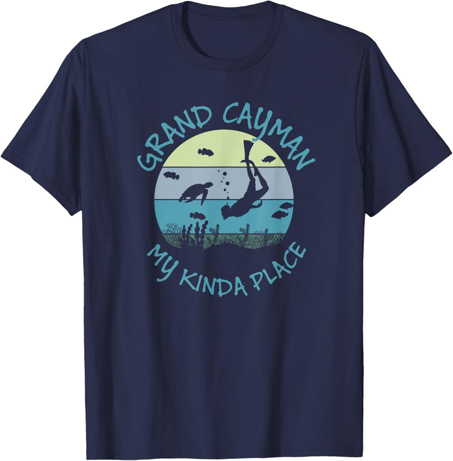 Grand Cayman Vintage Summer Vacation Diving And Scuba Gift T-Shirt - Navy Blue
