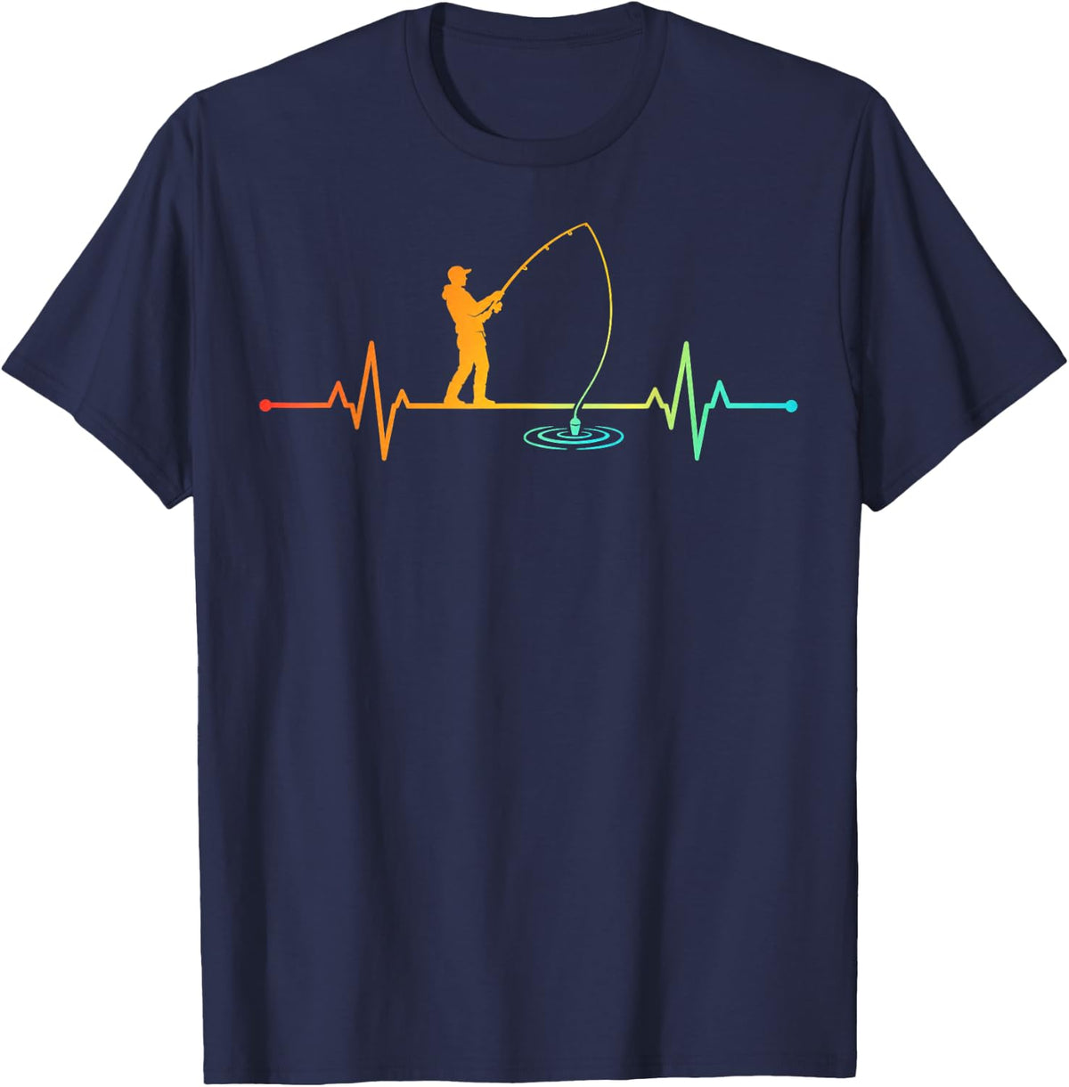 Fishing Heartbeat Angler with Rod Funny Fisherman Fish Lover T-Shirt - Navy Blue