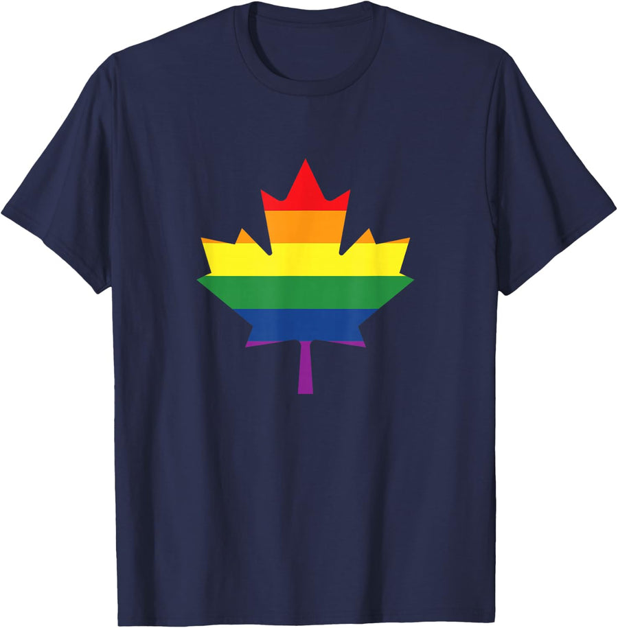 Canadian Pride Rainbow Flag Maple Leaf LGBT Pride Month T-Shirt - Navy Blue