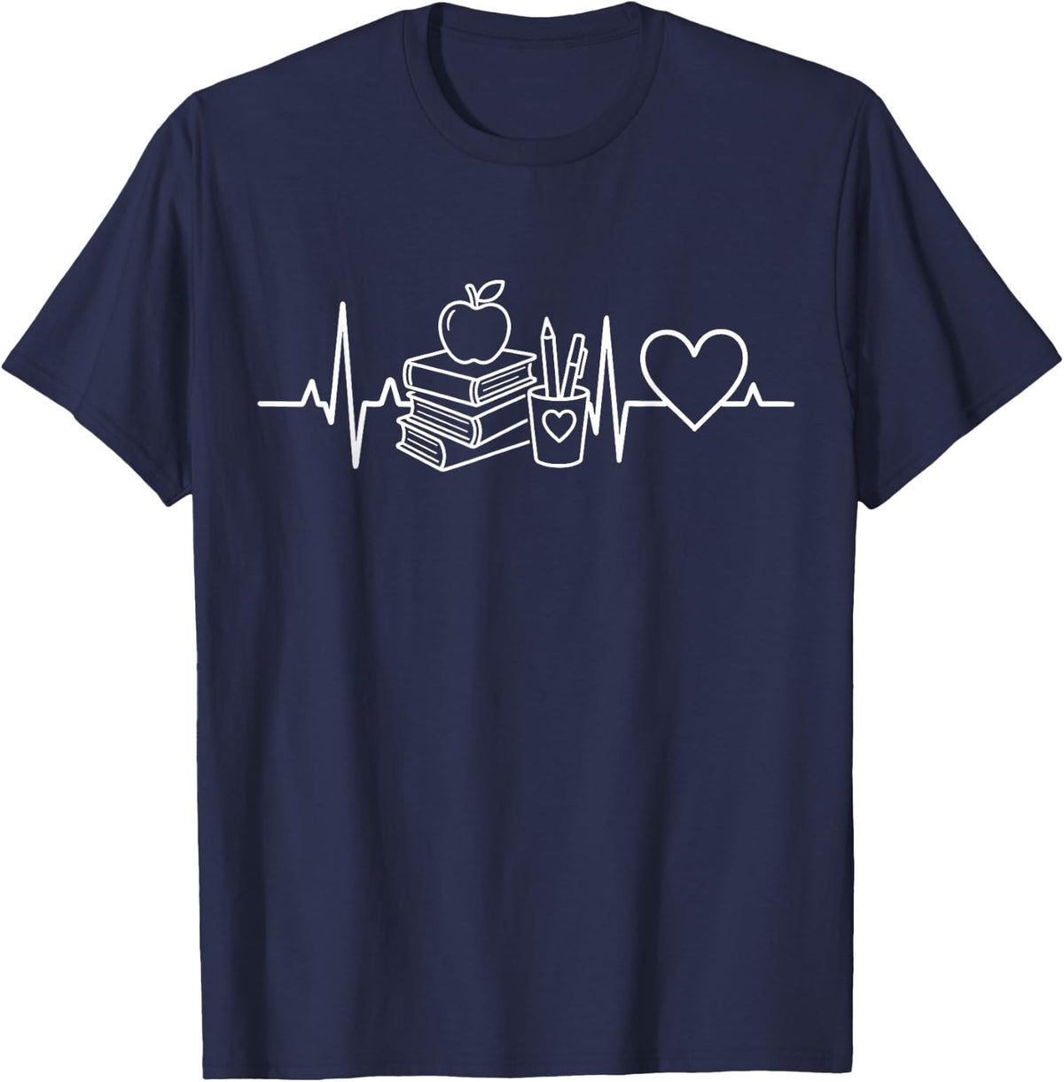 Teacher Heartbeat Books Apple Pulse Line Art T-Shirt - Navy Blue