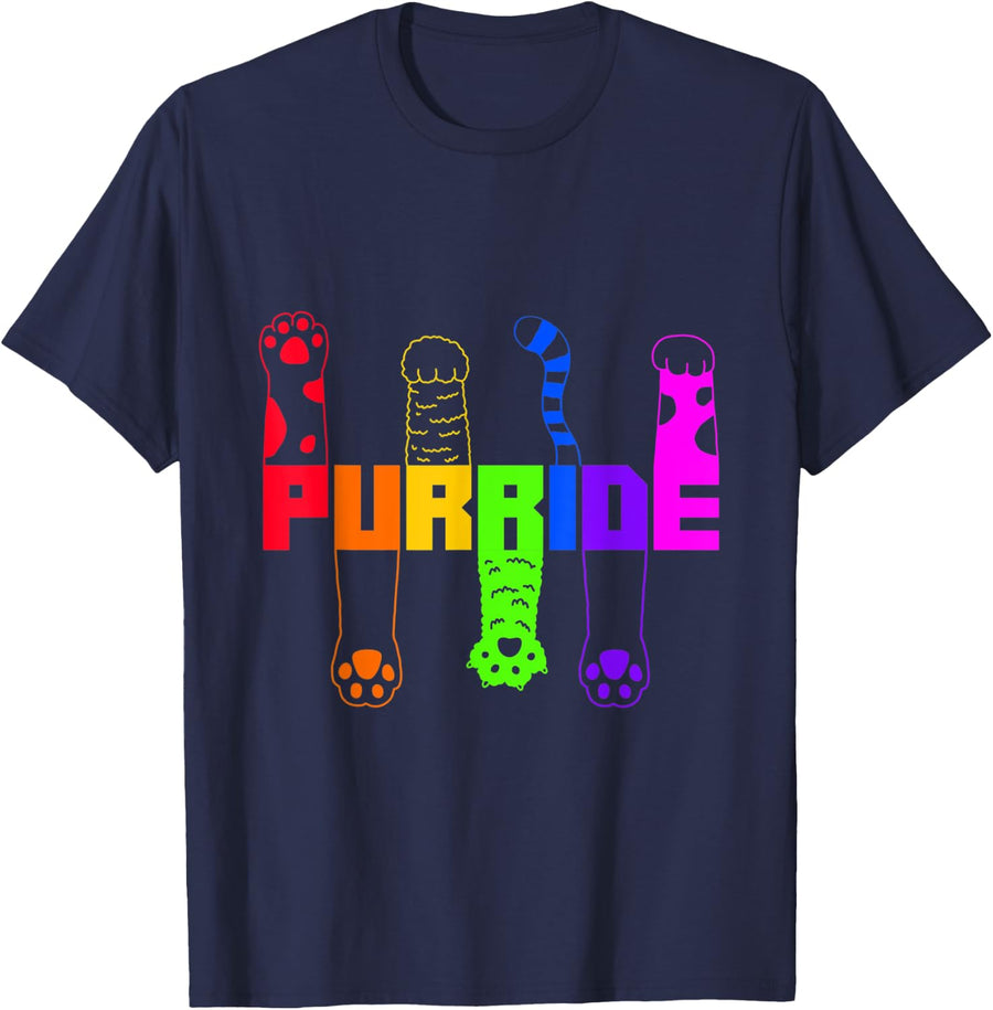 Cute Cat Gay Pride Month Rainbow Flag LGBT T-Shirt for Men Women - Navy Blue