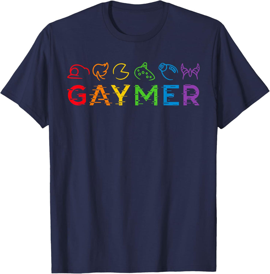 Gaymer Video Game T-Shirt LGBT Rainbow Heartbeat Gamer Tees Pride Month Shirt - Navy Blue