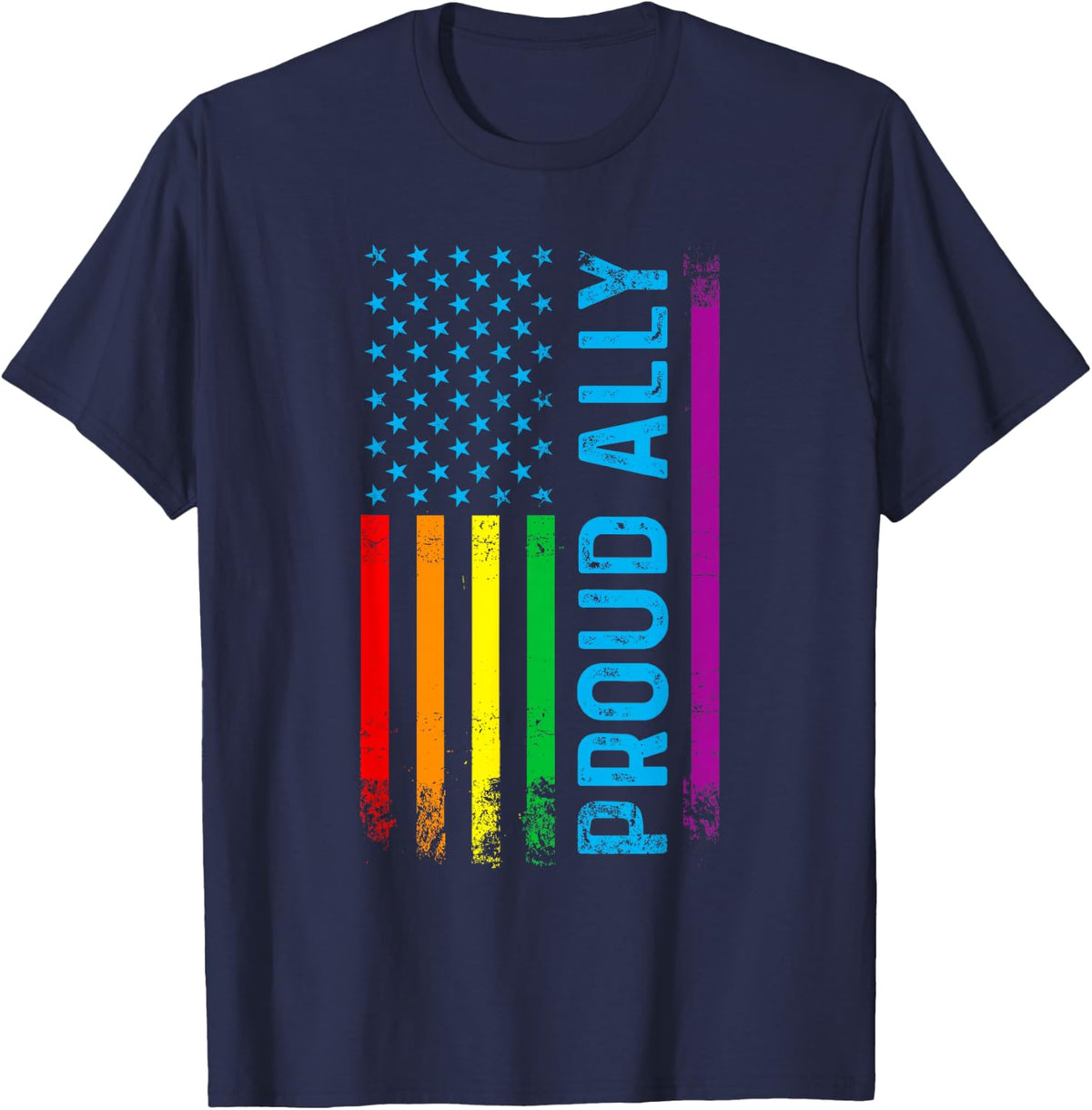 Proud Ally LGBT LGBTQ Gay Pride Rainbow Flag T-Shirt - Navy Blue