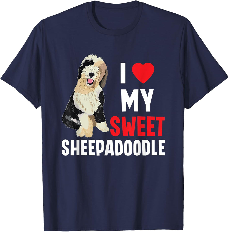 Doodle Dog I Love My Sweet Sheepadoodle T-Shirt for Men Women - Navy Blue