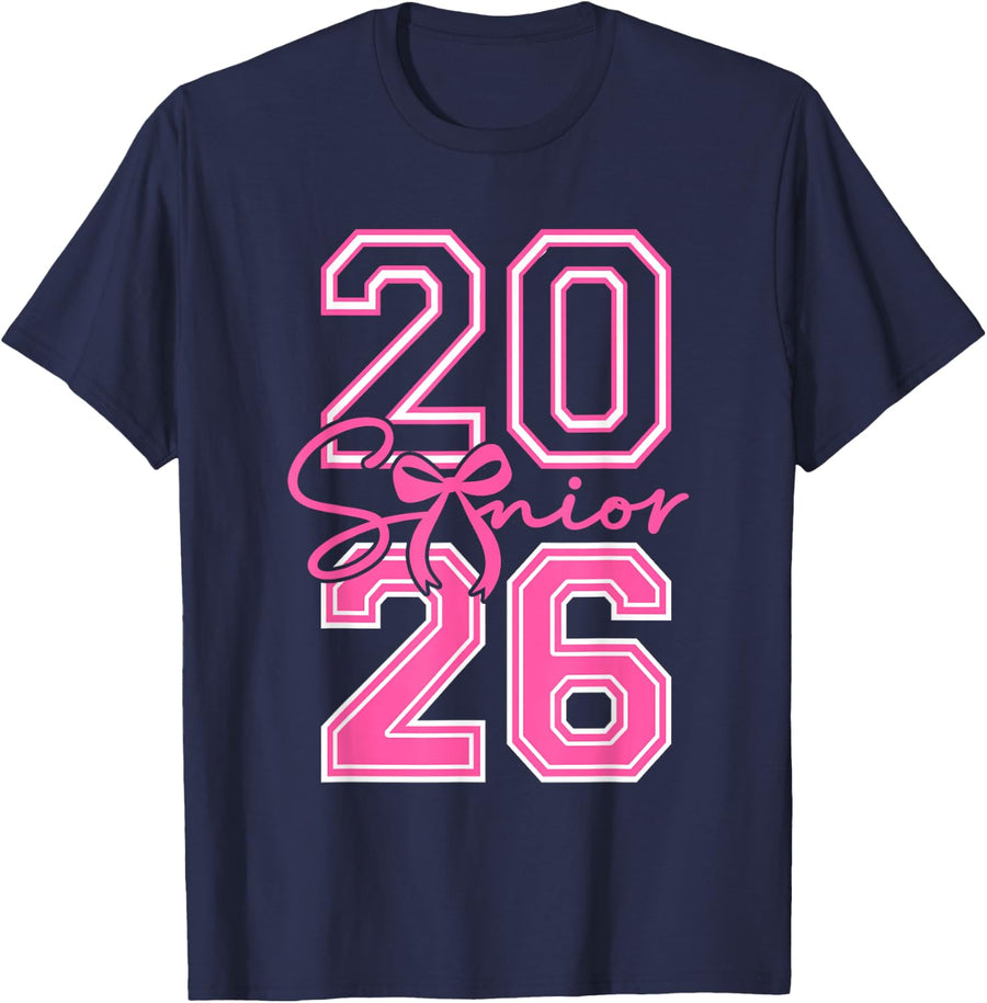 Senior 2026 Class of 2026 Coquette Pink Bow Graduation Girl T-Shirt - Navy Blue