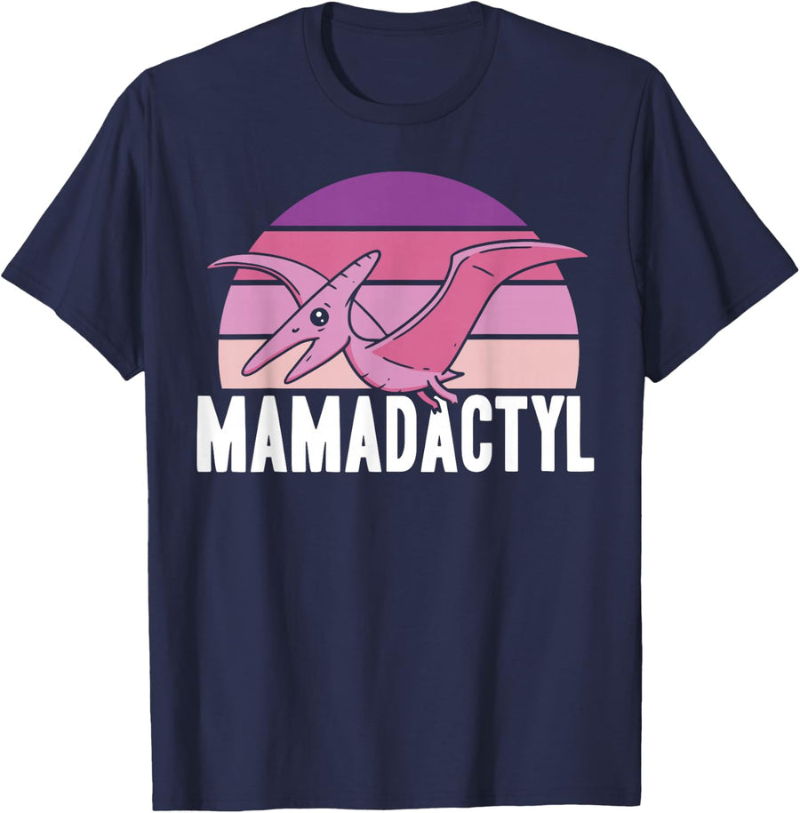 Pterodactly Mama Dinosaur T-Shirt - Kids, Students - Unisex - Short Sleeve - Black - Small - V-Neck - Cartoon Animal Print -