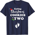 Funny Christmas Women Mom Eating Cookies For Two Pregnancy T-Shirt - Navy Blue