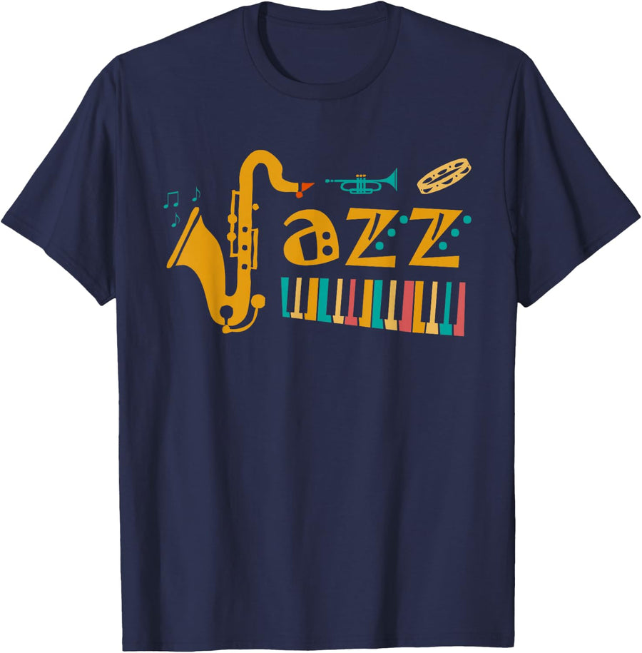 Jazz Music Saxophone Piano Trumpet Retro Musician T-Shirt - Navy Blue