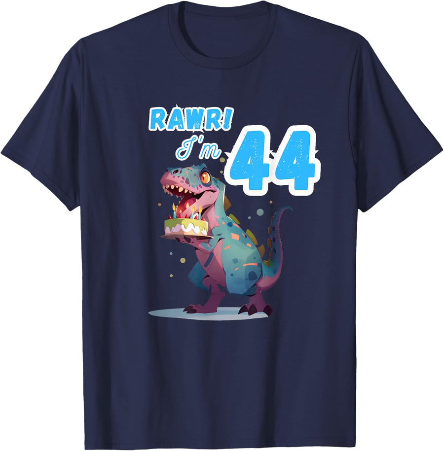 Rawr I'm 44 Birthday T Rex Dinosaur Party Tees T Shirts For Kids Boys Girls - Navy Blue