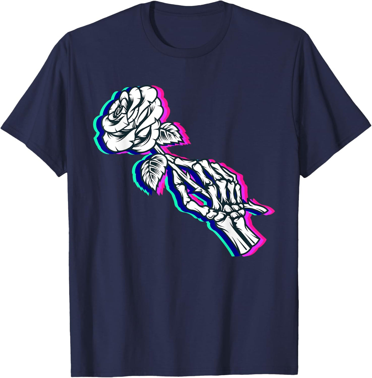 Skeleton Hand Rose Glitch Aesthetic T-Shirt - Navy Blue