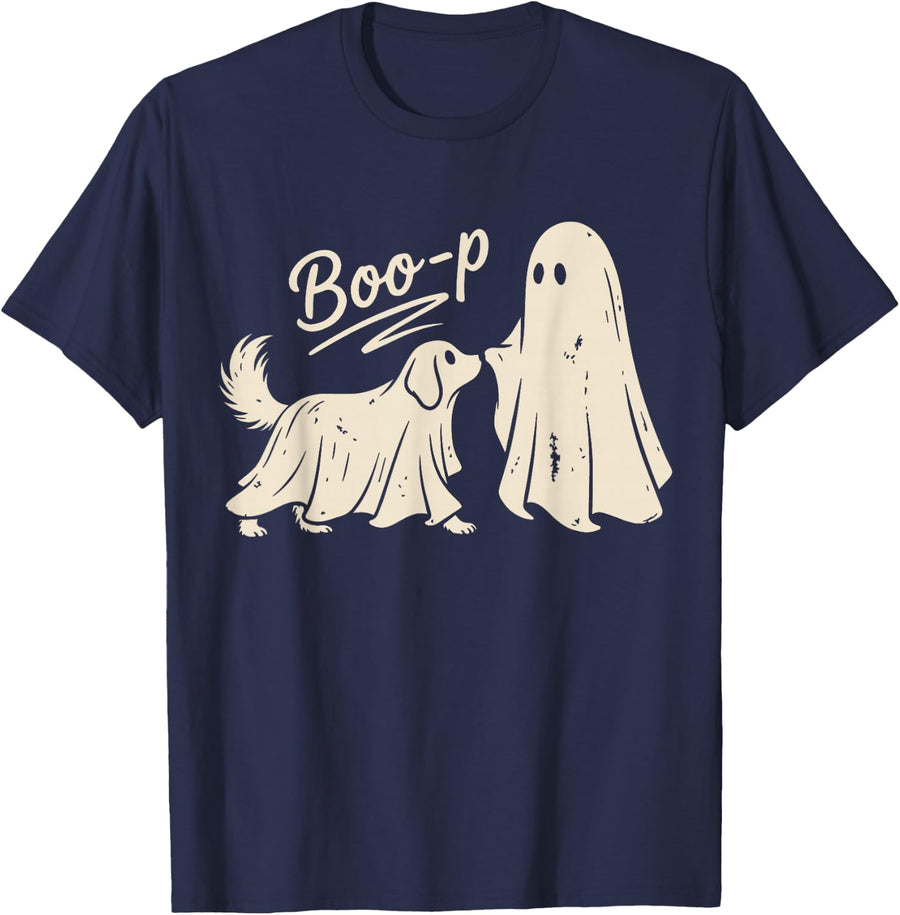 Boo-P Ghost Dog Halloween Golden Retriever Dog Spooky Season T-Shirt - Navy Blue