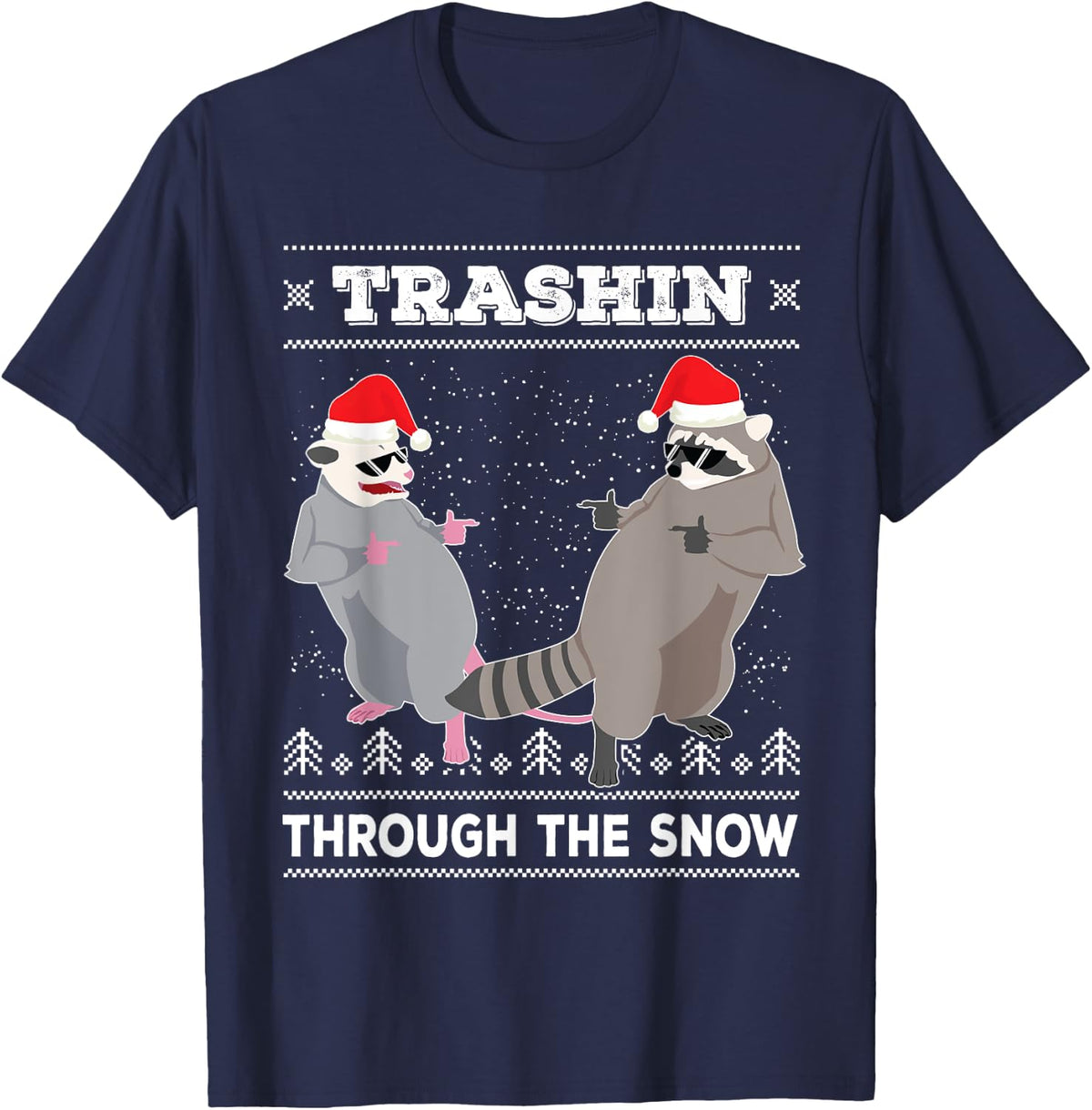 Garbage Gang Opossum Raccoon Ugly Christmas Sweater T-Shirt T-Shirt - Navy Blue