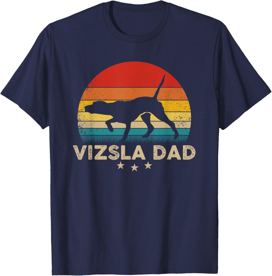 Vintage Vizsla Dad Silhouette Retro Sunset T-Shirt - Navy Blue