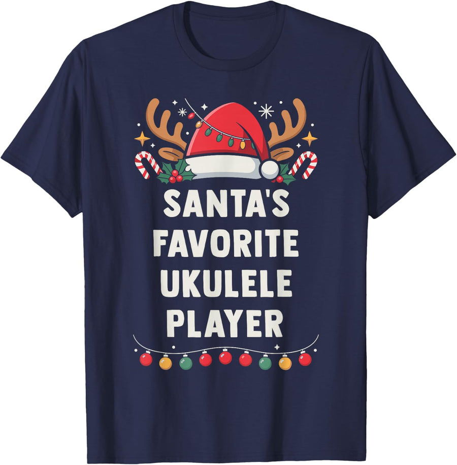 Santa's Favorite Ukulele Player Christmas Concert Band Squad T-Shirt - Navy Blue