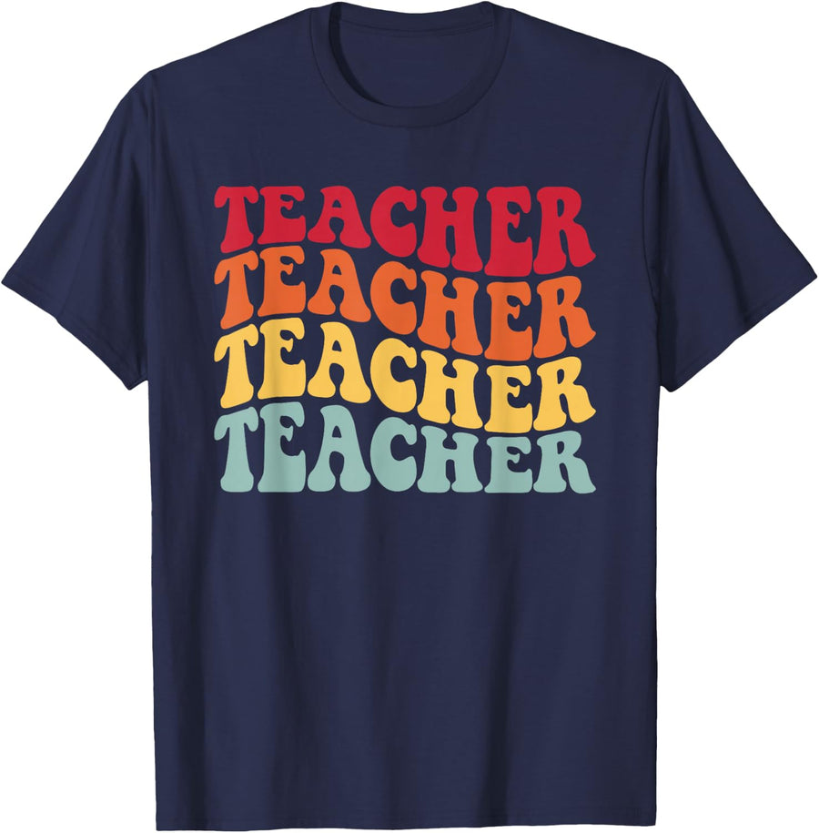 Retro Groovy Teacher Inspirational Back to School Costume T-Shirt - Navy Blue