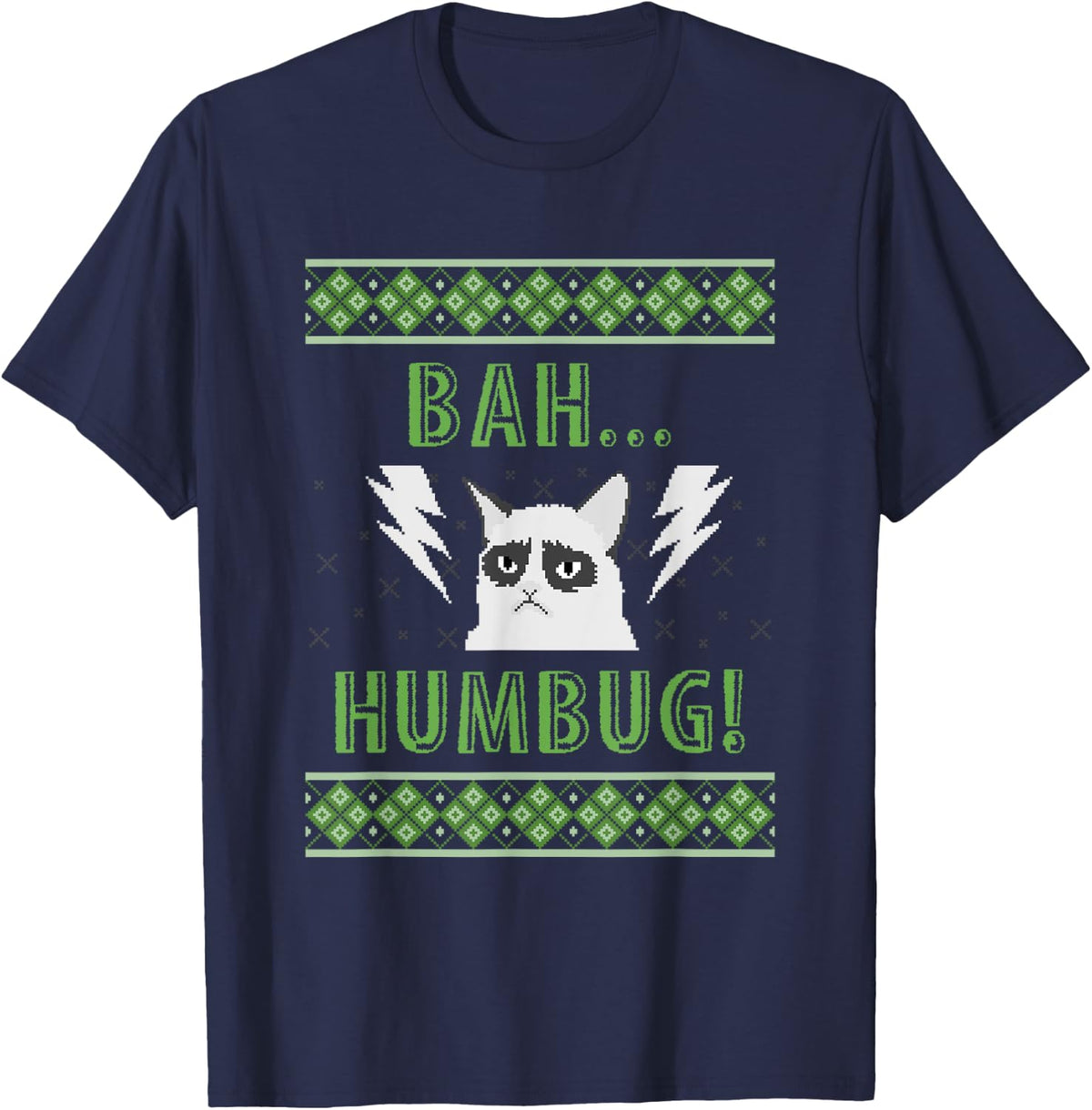 Bah Humbug Grouchy Cat Ugly Christmas Sweater Style T Shirt T-Shirt for Men Women Kids - Navy Blue