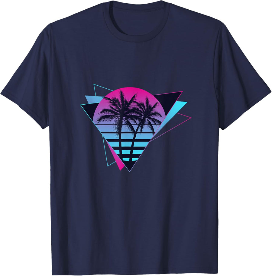 Vaporwave Aesthetic Retro Synthwave Sunset Palm Trees Tee T-Shirt - Navy Blue