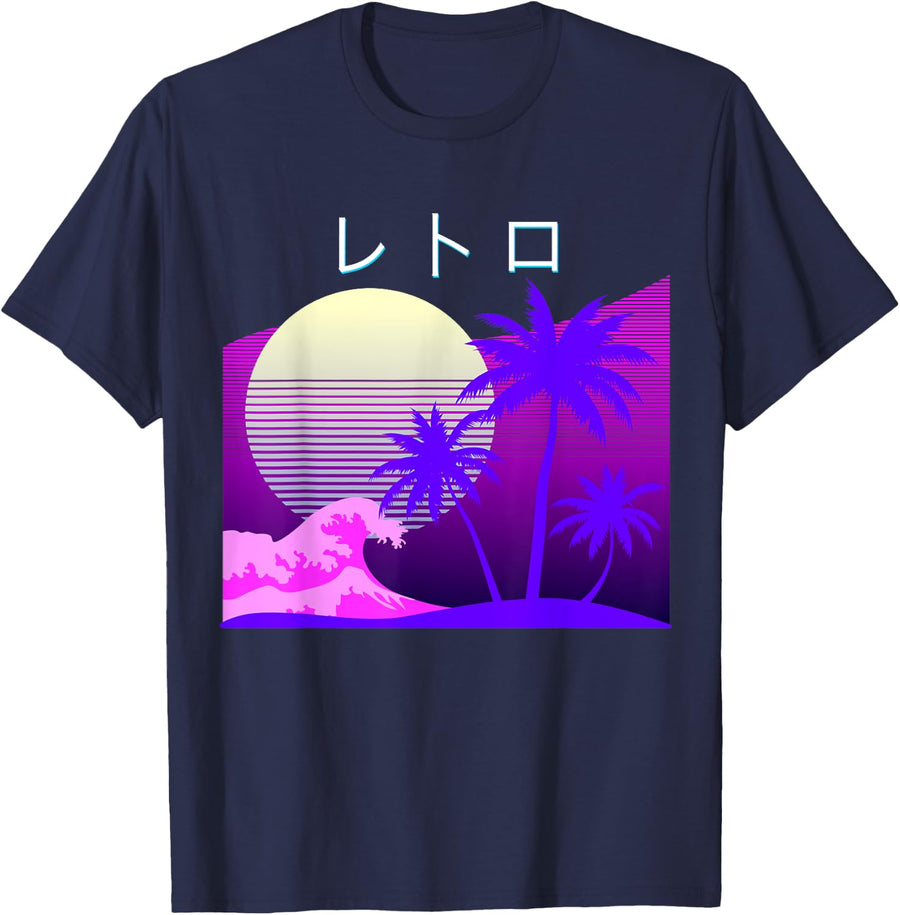 Aesthetic Vaporwave Retro 1980s 1990s Otaku Wave Art T Shirt T-Shirt - Navy Blue